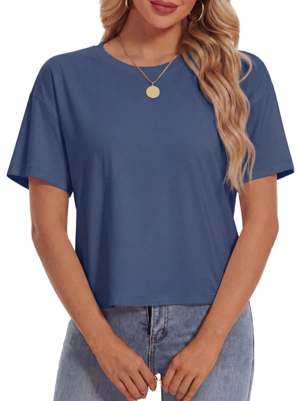 Women's Blue Gray Short Sleeve Round Neck Summer Casual Loose Cotton Crop Tops